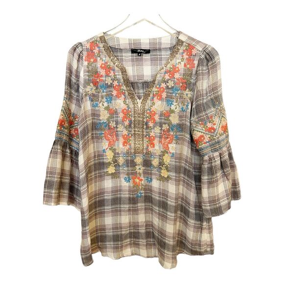 ANDREE Unit Plaid Light Flannel Floral Embroidered Tunic Top Sz S - Picture 1 of 5